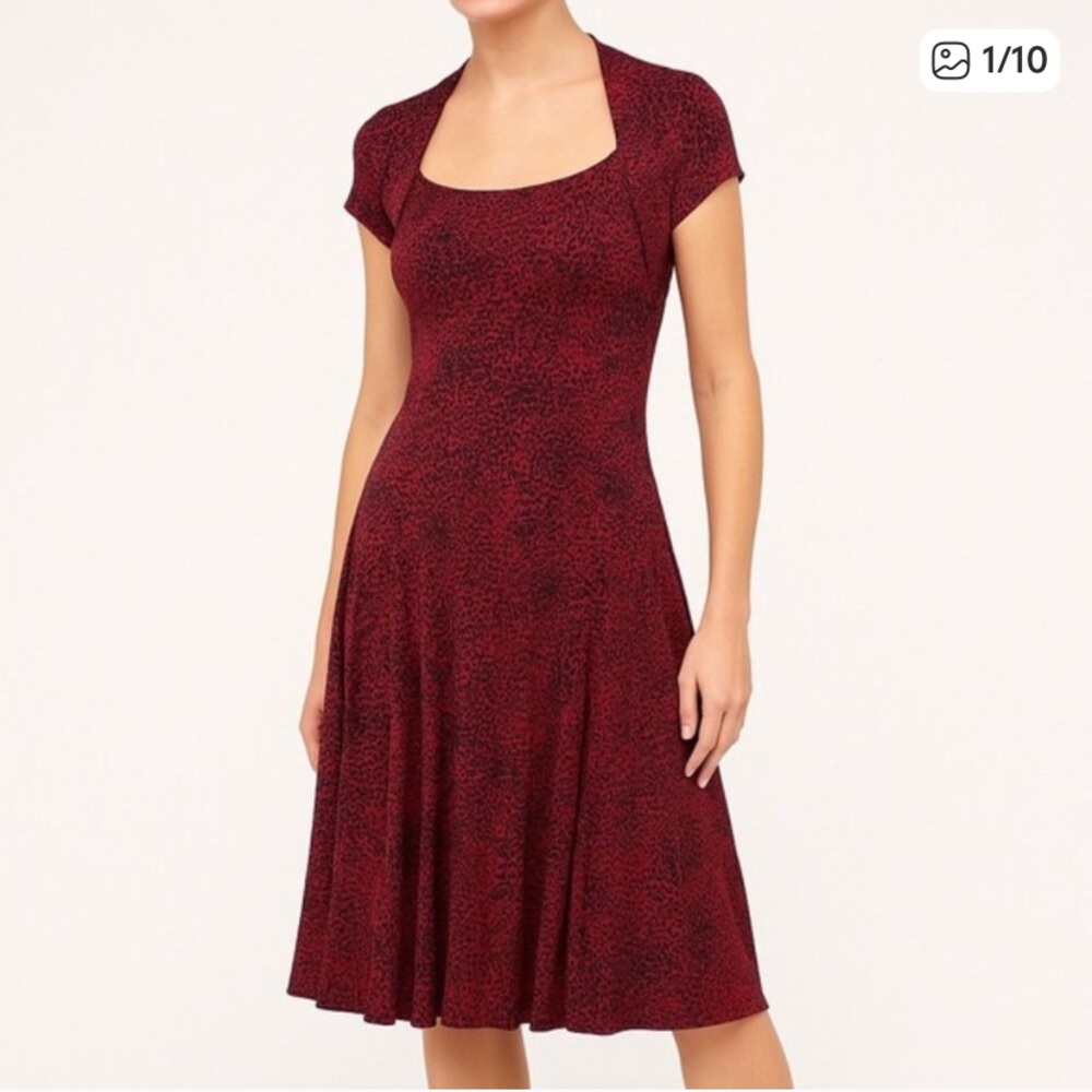 Norma Kamali Midi Dress Size Medium Red Snake Print Short Sleeve Fit n Flare
